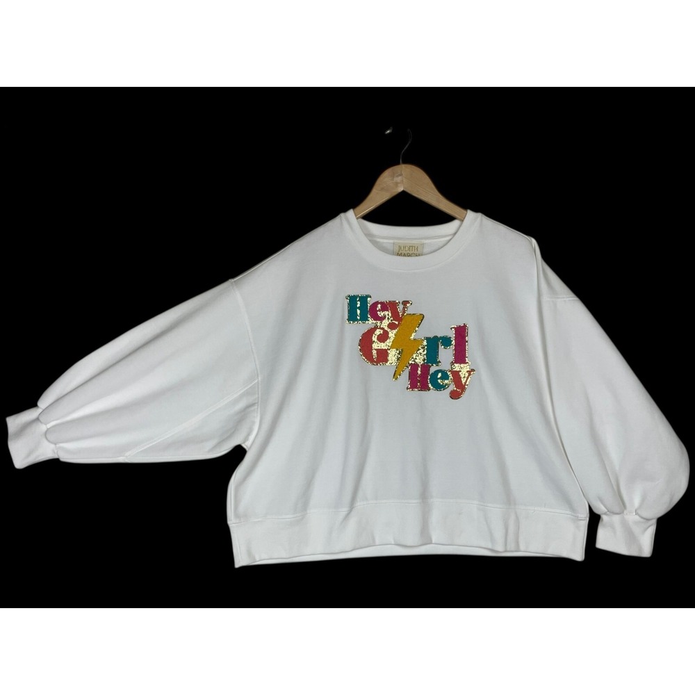 Judith March "Hey Girl Hey" Sweatshirt M Off White Pullover Multi Color Oversize